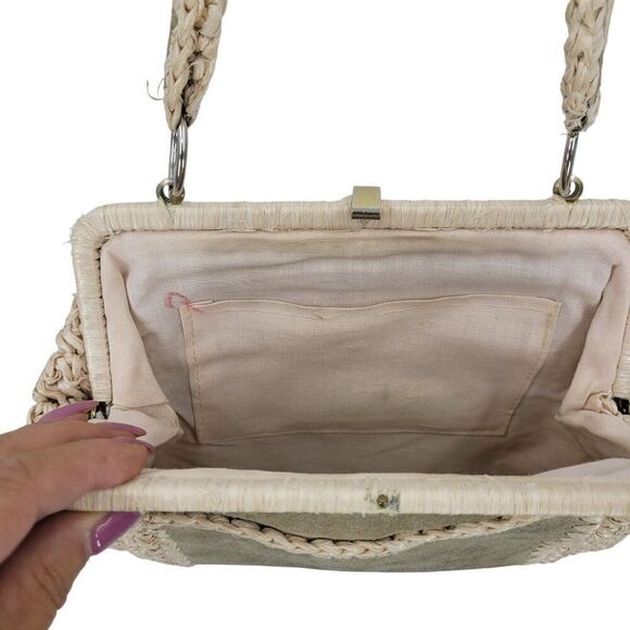 Vintage Handmade Crochet Macrame Straw Suede Shoulder Bag Purse Tan Boho Hippie - Picture 6 of 15